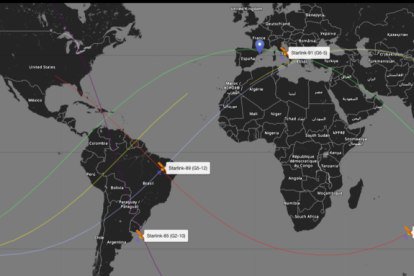 Mapa de les trajectòries dels diferents satèl·lits Starlink a través del món.