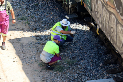 Dos operaris d'Adif treballant en el tren que ha descarrilat a l'estació Marçà-Falset (Priorat).