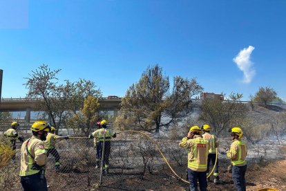 Els Bombers treballen en un incendi de vegetació al voral de l'AP-2 al Pla de Santa Maria.