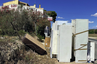 Imagen de desechos en contenedores a pie de carretera en Ferran.
