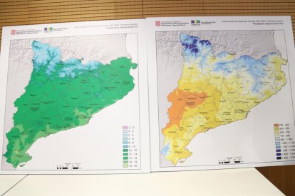 Dos mapes que mostren la pluviometria i les temperatures anuals pel període 1991-2020 segons l'Atles climàtic de Catalunya.