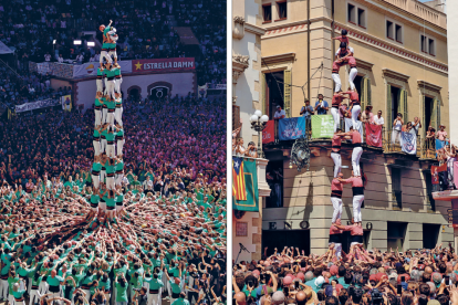 A l'esquerra, 4de9sf dels Castellers de Vilafranca del Concurs de Castells 2022, i, a la dreta, el 2de8sf de la Vella durant la diada de Sant Fèlix d'enguany.