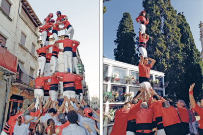 A l'esquerra, el cinc de sis dels Minyons i, a la dreta, el pilar de record al cementiri municipal.