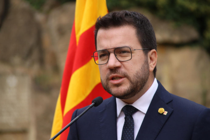 El president de la Generalitat, Pere Aragonès, intervé durant els parlaments a l'homenatge per l'assassinat del president Companys.