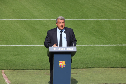 Joan Laporta, president del Futbol Club Barcelona, en la presentació del nou sistema de vigilància de l'espai aeri a l'Spotify Camp Nou.