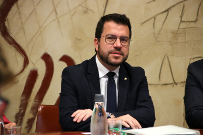 El president del Govern en funcions, Pere Aragonès, durant el primer Consell Executiu després del 12-M.