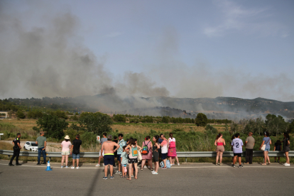 Usuaris del càmping i curiosos observen l'avanç de les flames a Montblanc.