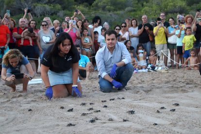 L'oceanògrafa del CRAM, Sílvia Giralt, i el conseller de Medi Ambient de Tarragona, Guillermo García, alliberen les tortugues a la platja de la Savinosa.