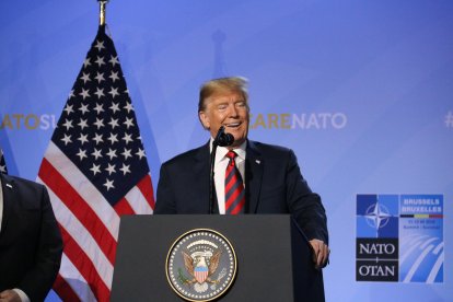Pla mig del president dels Estats Units, Donald Trump, durant la roda de premsa posterior a la cimera de l’OTAN a Brussel·les el 12 de juliol del 2018.
