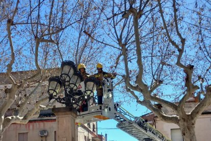 Los Bomberos aseguran una farola en la plaza del Ayuntamiento de Sant Vicenç de Castellet