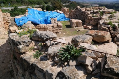 Zona de la premsa de vi trobada al jaciment del Coll del Moro tapada amb lones.