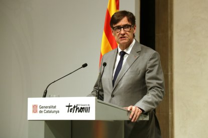 El president de la Generalitat, Salvador Illa, en un instant sobre la seva intervenció al voltant de l'ampliació de l'aeroport del Prat.