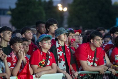 Afició grana veient el partit a la pantalla gegant del Parc del Francolí.