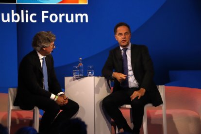 El secretari general de l'OTAN, Mark Rutte, durant el primer acte celebrat a la cimera anual de l'aliança a la Haia .