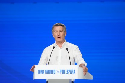 El líder del PP, Alberto Núñez Feijóo, aquest dissabte al congrés dels populars a Madrid