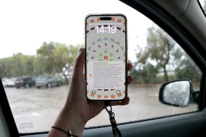 Un telèfon mòbil, amb l'alerta de Protecció Civil, i un carrer ple d'aigua de pluja al fons, a Amposta