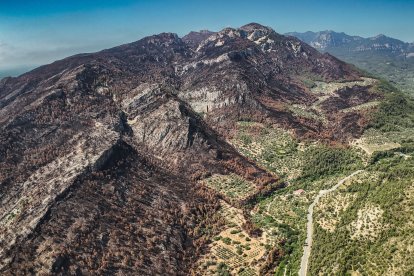 Vista de tots els cims al sud-est de Paüls cremats per l'incendi