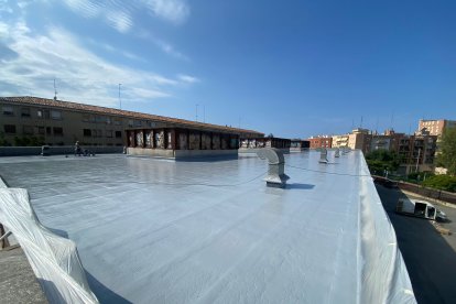 Tasques de renovació de la coberta del recinte firal.