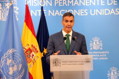 El president espanyol, Pedro Sánchez, compareix a la Missió Permanent d'Espanya davant Nacions Unides.