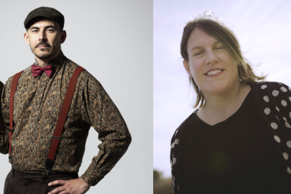 A l'esquerra, Joel Prieto. A la dreta, Clara Colom. Junt amb Xavi Ciurans, autors de la cançó oficial del Correllengua 2025.