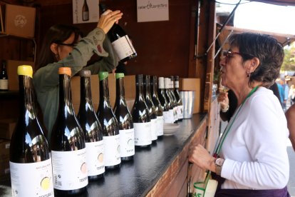 Una dona compra vi en una de les casetes de la 38a festa del Vi de Gandesa