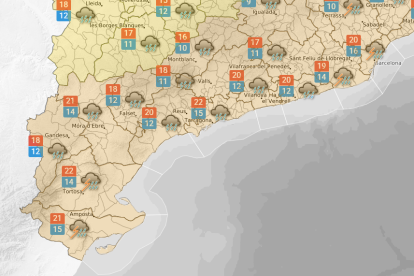 Mapa del Camp de Tarragona y las Terres de l'Ebre con los avisos naranja.