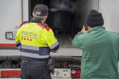 Els Mossos revisen la càrrega d’un camió aturat al control.