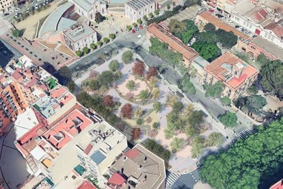Imatge virtual aèria de com serà la nova zona verda davant la Biblioteca Central.