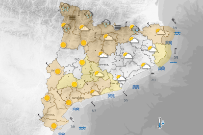 Mapa de Cataluña con las alertas por fuerte viento para este sábado por la mañana.