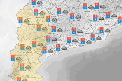 Mapa del Servei Meteorològic de Catalunya (Meteocat) amb la previsió de nevades a Tarragona diumenge a la tarda