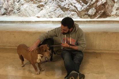 L'actor va aprofitar la seva visita a la ciutat amb el seu espectacle 'Odio' per promocionar l'adopció d'animals durant una trobada amb dues voluntàries i dos gossos de la Protectora d'Animals de Tarragona
