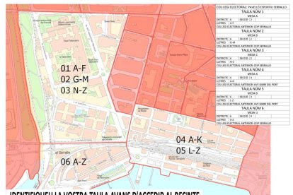 Paneles informativos para facilitar a los electores reconocer la mesa que le toca votar en los diferentes puntos electorales distribuidos por toda Tarragona