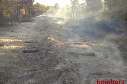 Los Bomberos siguen remojando una pila de troncos que quema desde ayer a Fontscaldes