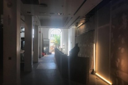 Un pavo real se deja ver en el interior de una tienda cerrada de Tarragona