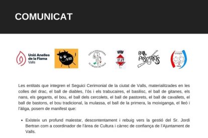Les entitats del Seguici Cerimonial de Valls demanen la dimissió de Jordi Bertran