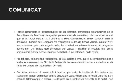 Las entidades del Séquito Ceremonial de Valls piden la dimisión de Jordi Bertran