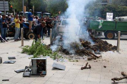 Els pagesos de Tarragona cremen males herbes i llencen ous a la Subdelegació de Govern