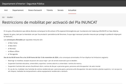 La Generalitat ha alertat de restriccions en la mobilitat per aquest dimecres a través de la seva pàgina web.