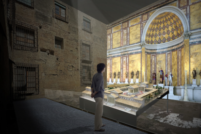 Imagen de cómo se espera reformar el espacio de la Sala Axial, con una maqueta a escala 1:100 del recinto de Culto Imperial con el Templo de Augusto y una imagen que concuerda con la reconstrucción de cómovfue en época romana el espacio.