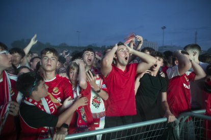 Afició grana veient el partit a la pantalla gegant del Parc del Francolí.