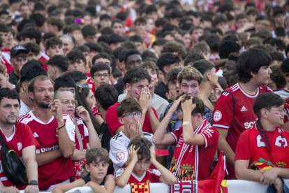 Afició grana veient el partit a la pantalla gegant del Parc del Francolí.