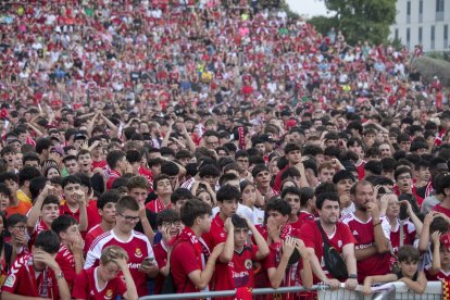 Afició grana veient el partit a la pantalla gegant del Parc del Francolí.