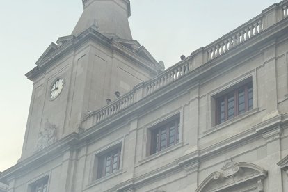 Joves amb l’estelada al balcó de l’Ajuntament abans que el membre de seguretat els fes retirar-la.