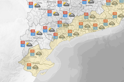 Mapa de municipis en alerta a Tarragona per a aquest dimarts al matí.