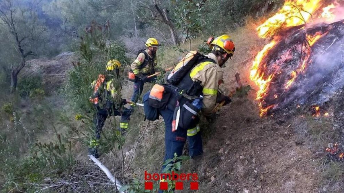 Imatge dels Bombers treballant en un incendi forestal.