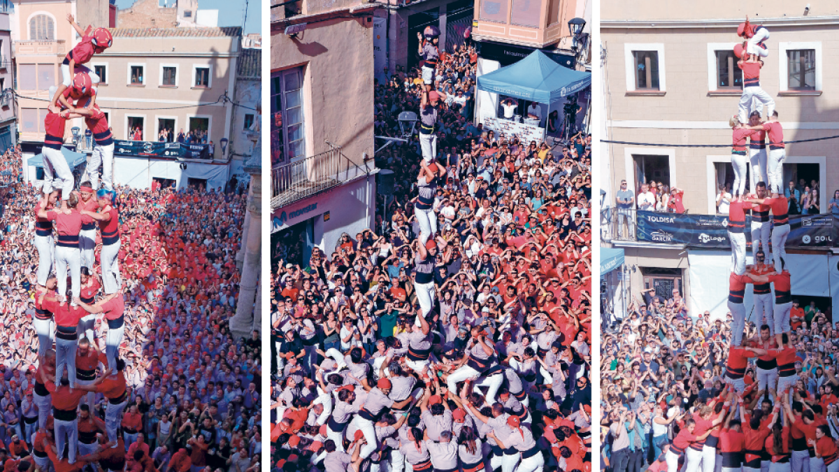 4de9f dels Nens del Vendrell, 4de9fa, carregat de la Colla Jove Xiquets de Tarragona i 3de9f de la Colla Joves Xiquets de Valls.