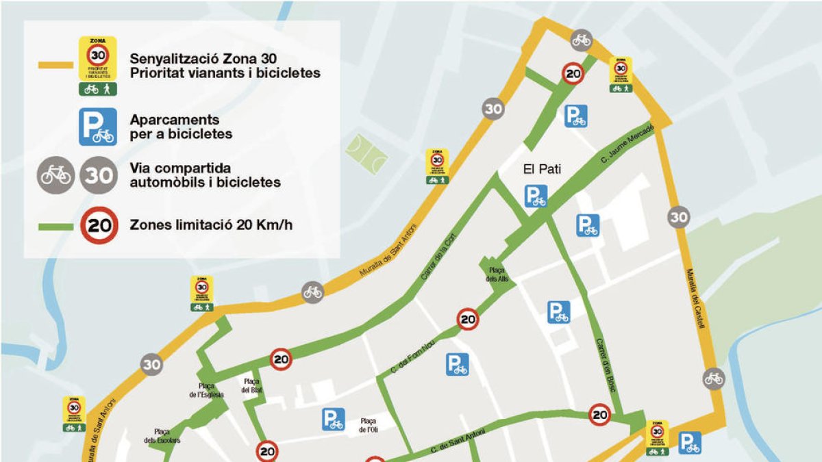 Plànol del barri Antic amb la senyalització i els aparcaments de bicicletes previstos