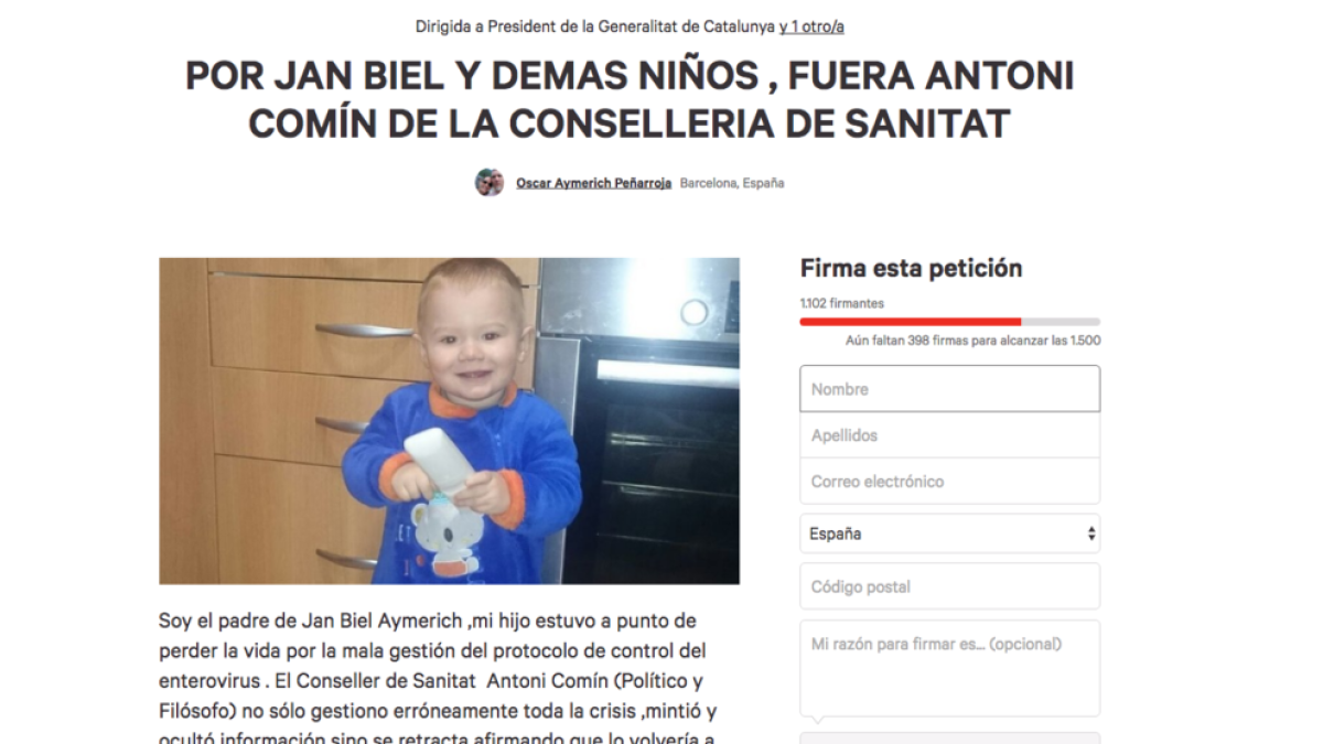 El padre de un niño que sufrió el enterovirus crea una petición para que Comín deje la conselleria de Salut