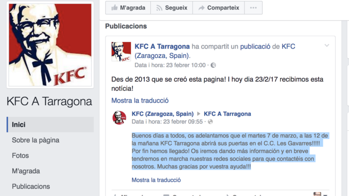 Notificació que ha rebut la pàgina KFC a Tarragona.