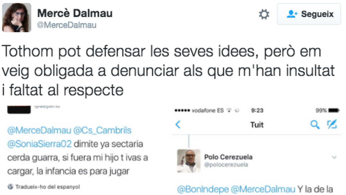 El tuit de Mercè Dalmau en que reconoce la denuncia.